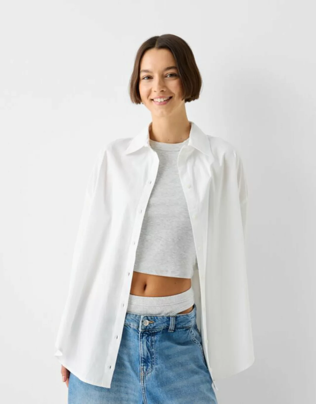 Bershka Oversize-Hemd Mit Ärmelaufschlag Damen S Weiss günstig online kaufen