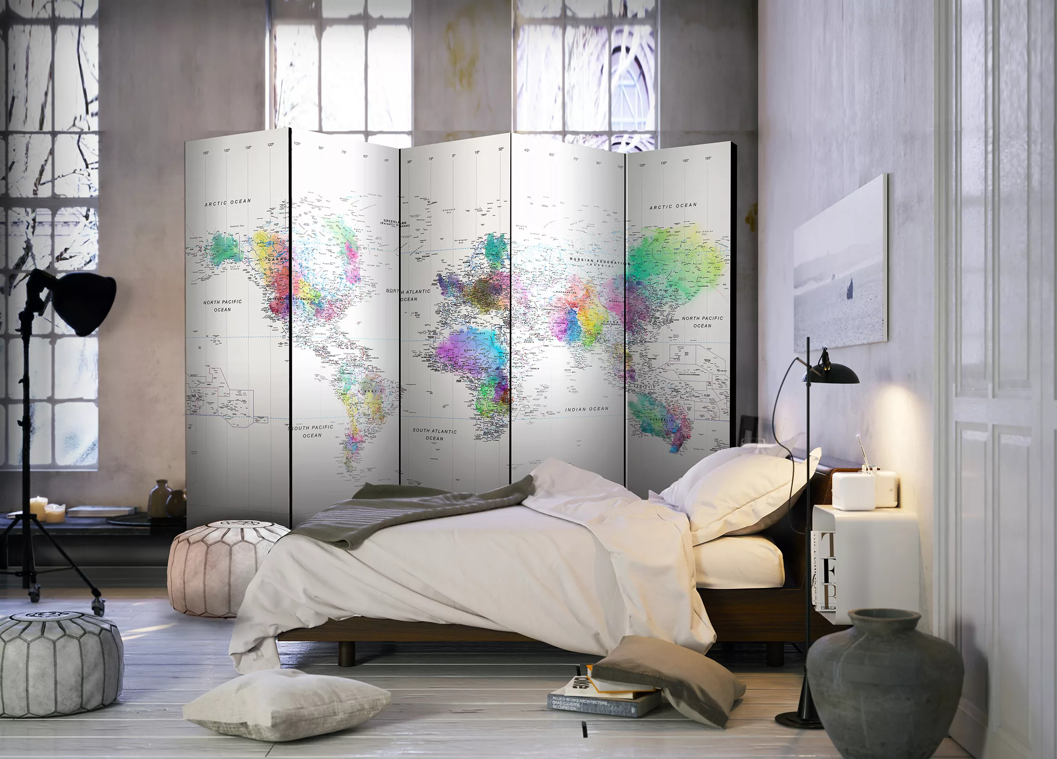 5-teiliges Paravent - Room Divider – White-colorful World Map günstig online kaufen