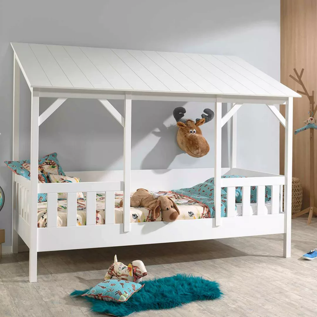 Kinderzimmerbett in Weiß Kiefer teilmassiv Dach günstig online kaufen