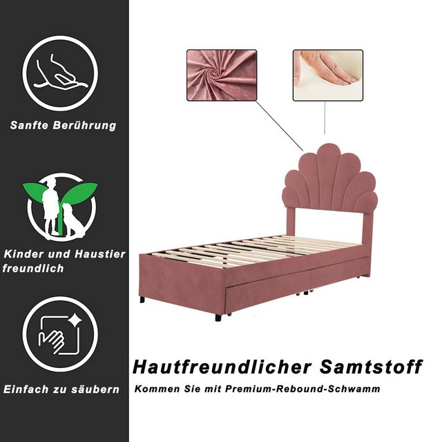 Flieks Polsterbett, Einzelbett Blumenform-Kopfteil Samt 90x200cm mit 2 Schu günstig online kaufen