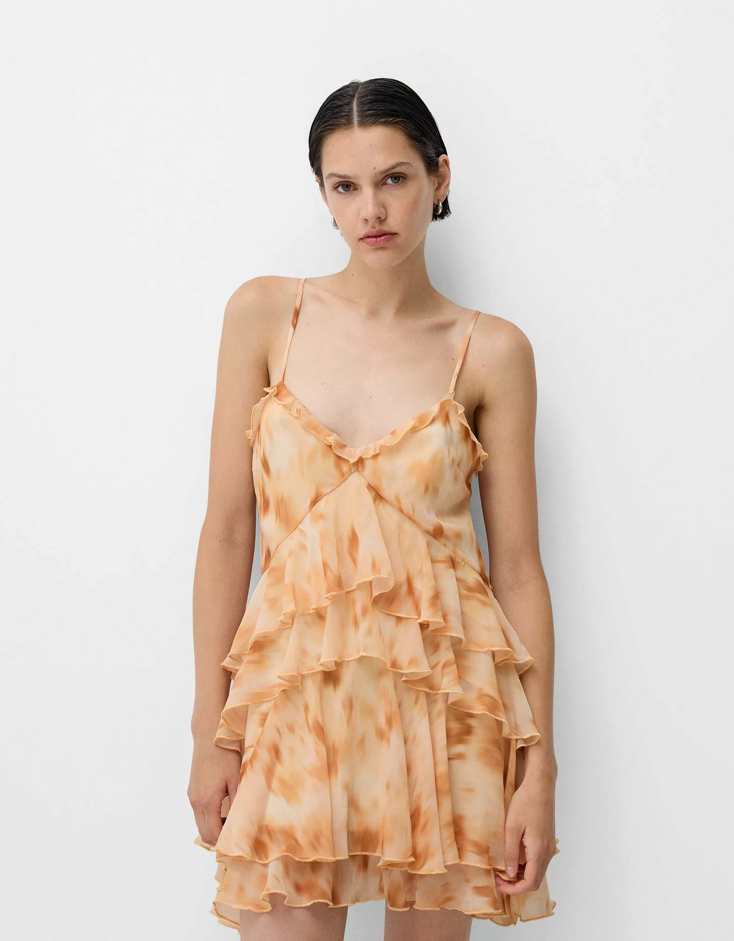 Bershka Minikleid Mit Volants Und Print Damen S Beige günstig online kaufen