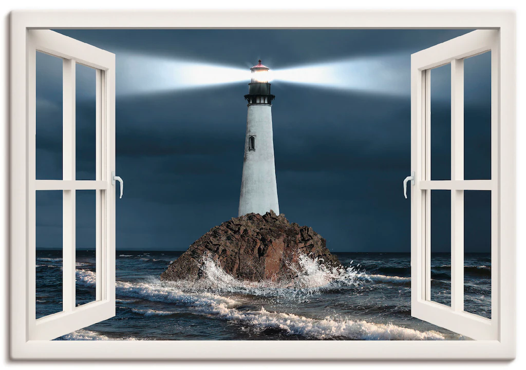 Artland Leinwandbild »Fensterblick Leuchtturm mit Lichtstrahl«, Gebäude, (1 günstig online kaufen