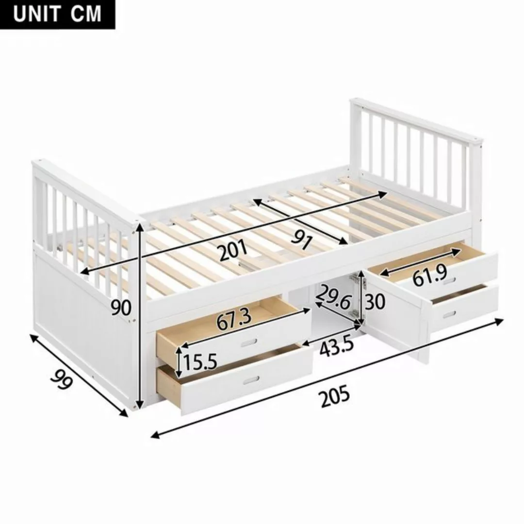 Flieks Massivholzbett, Einzelbett Kinderbett 90x200cm mit 4 Schubladen und günstig online kaufen