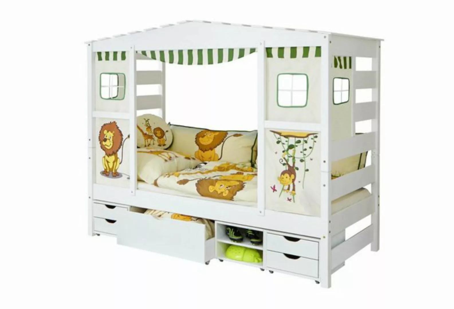 Ticaa Hausbett Hausbett mit Bettkasten "Safari" Kiefer Weiß (Set, Bett mit günstig online kaufen