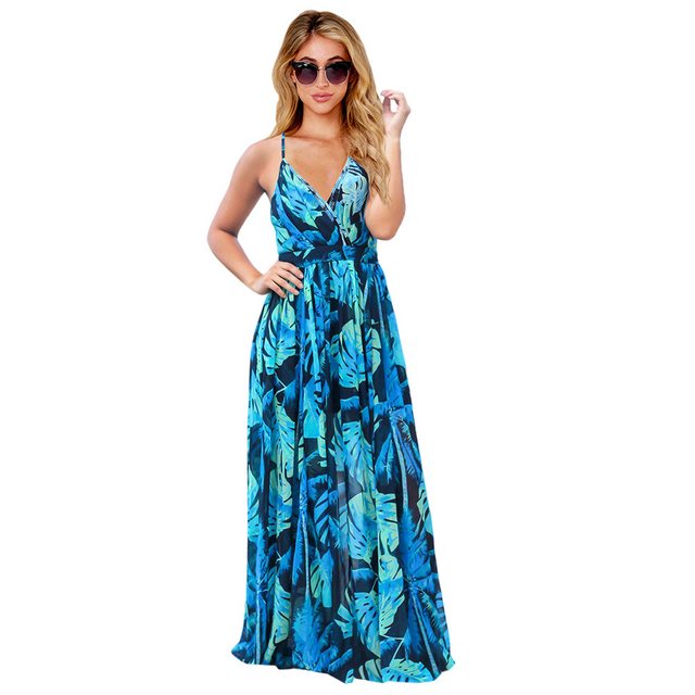 Mayou Strandkleid Damen Blumen Ärmellos V-Ausschnitt Boho Strandkleid Lang günstig online kaufen