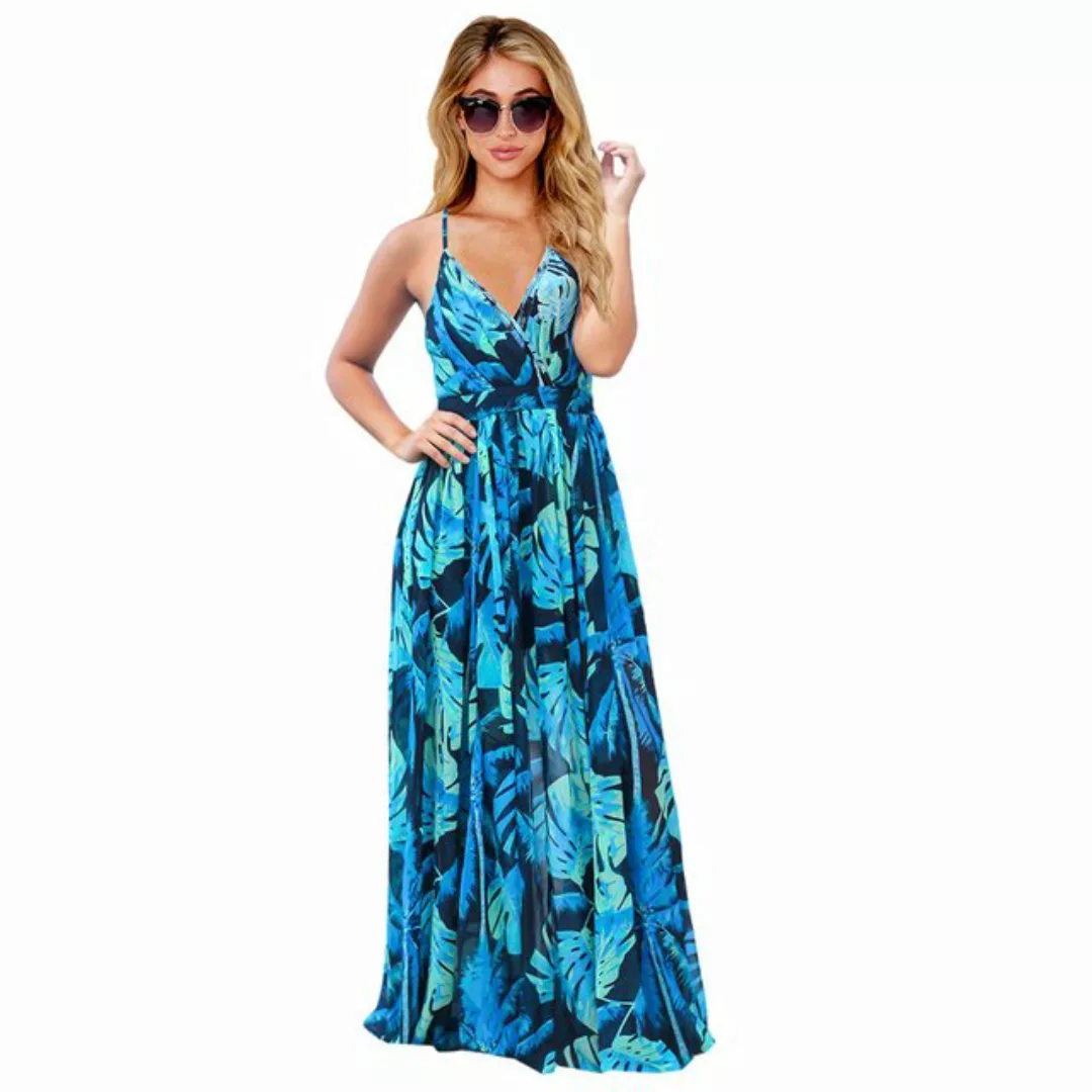 Mayou Strandkleid Damen Blumen Ärmellos V-Ausschnitt Boho Strandkleid Lang günstig online kaufen