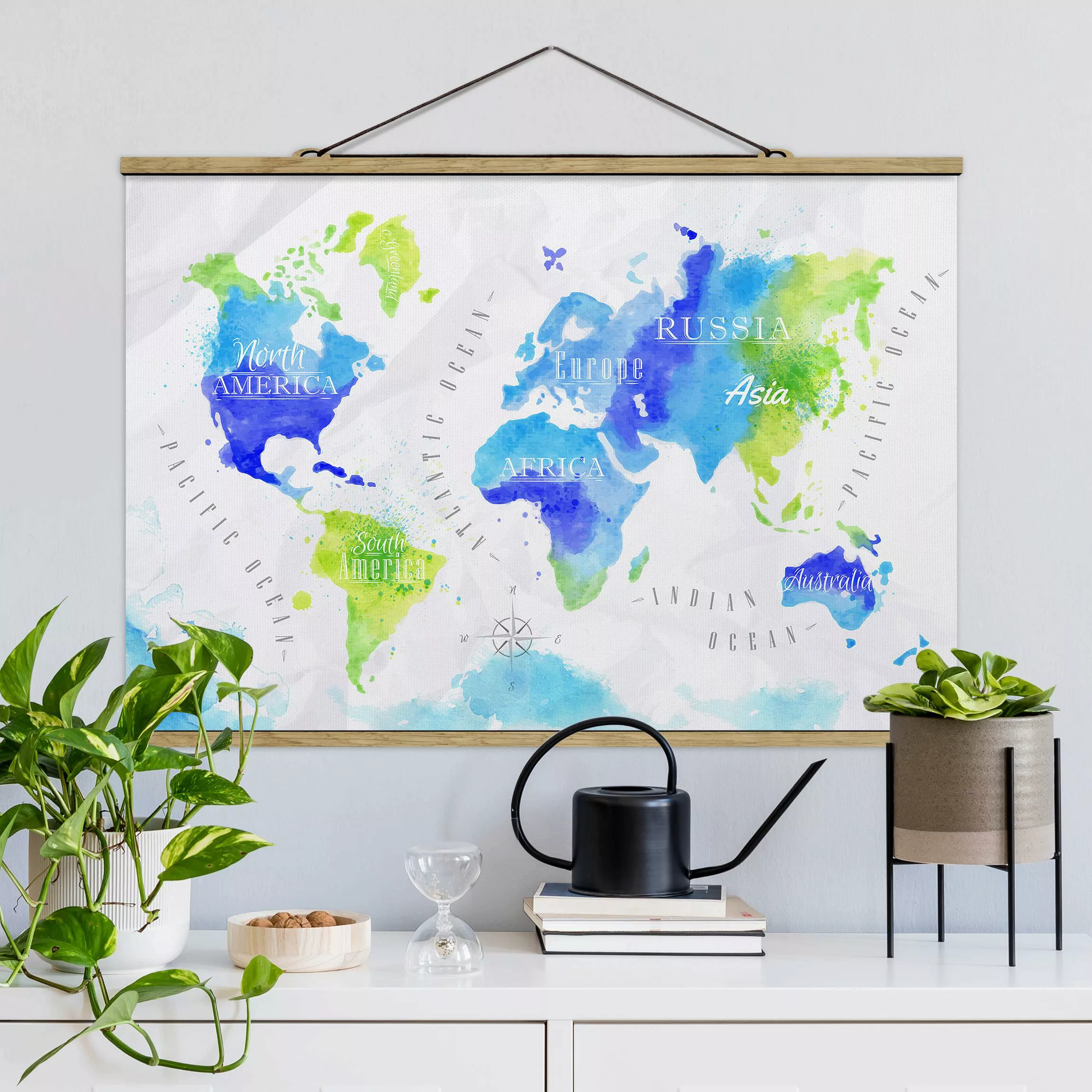 Stoffbild Karten mit Posterleisten - Querformat Weltkarte Aquarell blau grü günstig online kaufen