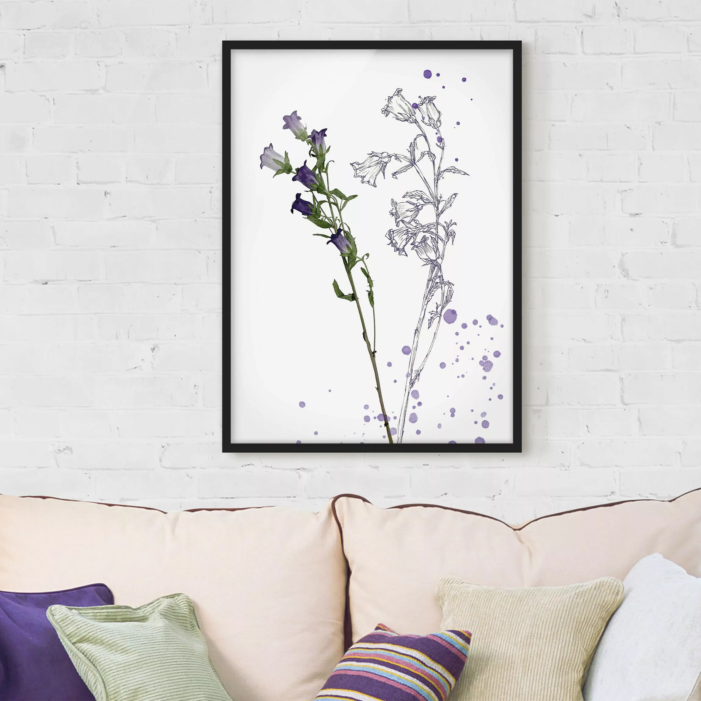 Bild mit Rahmen Blumen - Hochformat Botanisches Aquarell - Glockenblume günstig online kaufen