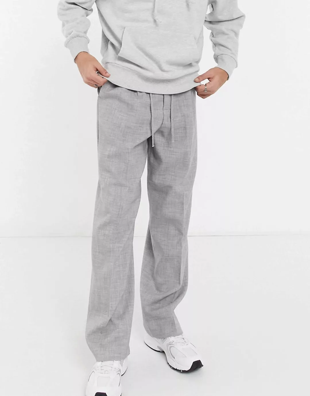ASOS DESIGN – Elegante Hose in Grau mit weitem Bein und Kreuzschraffur günstig online kaufen