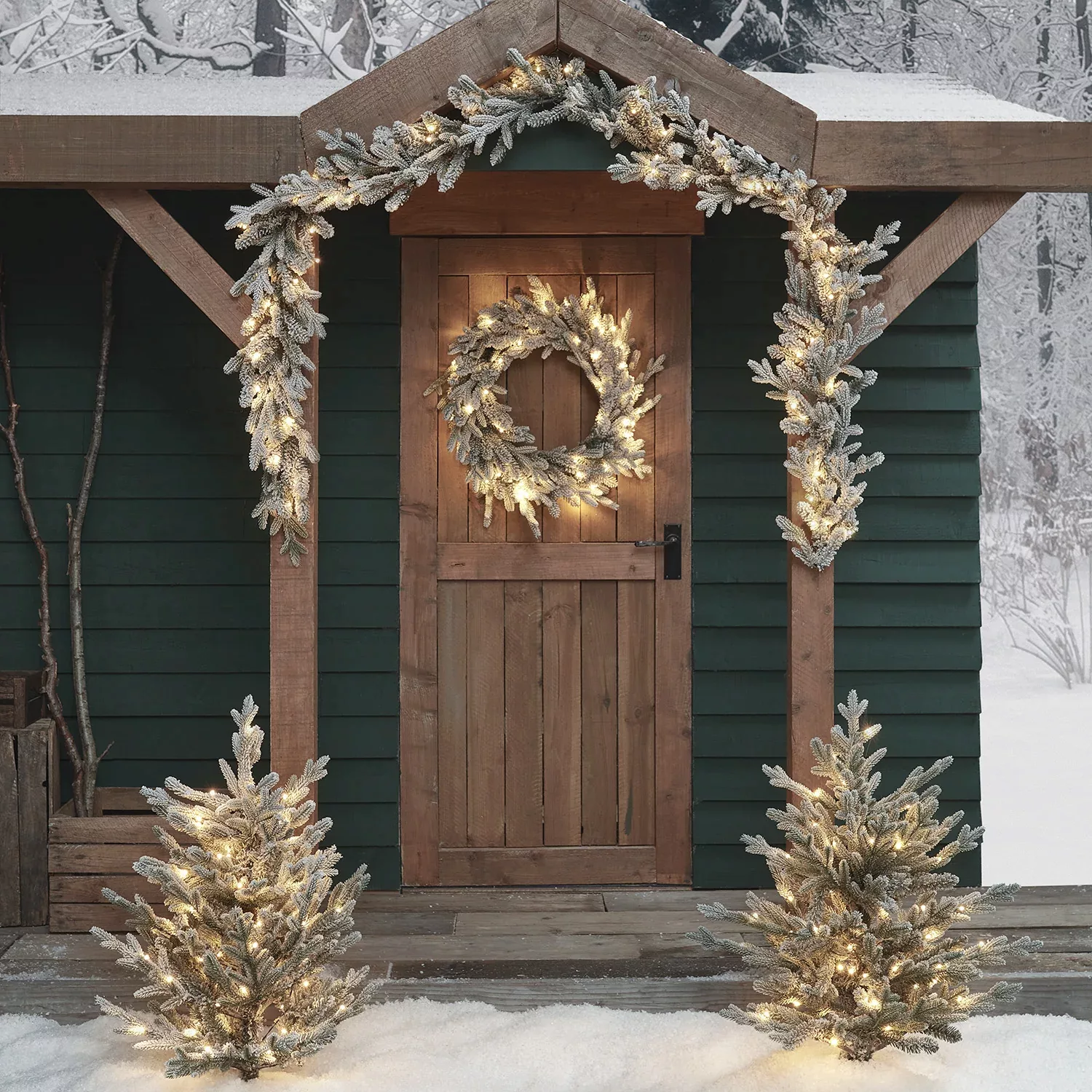 Outdoor Weihnachtsdeko-Set verschneiter Kranz, Girlande und Weihnachtsbaum günstig online kaufen
