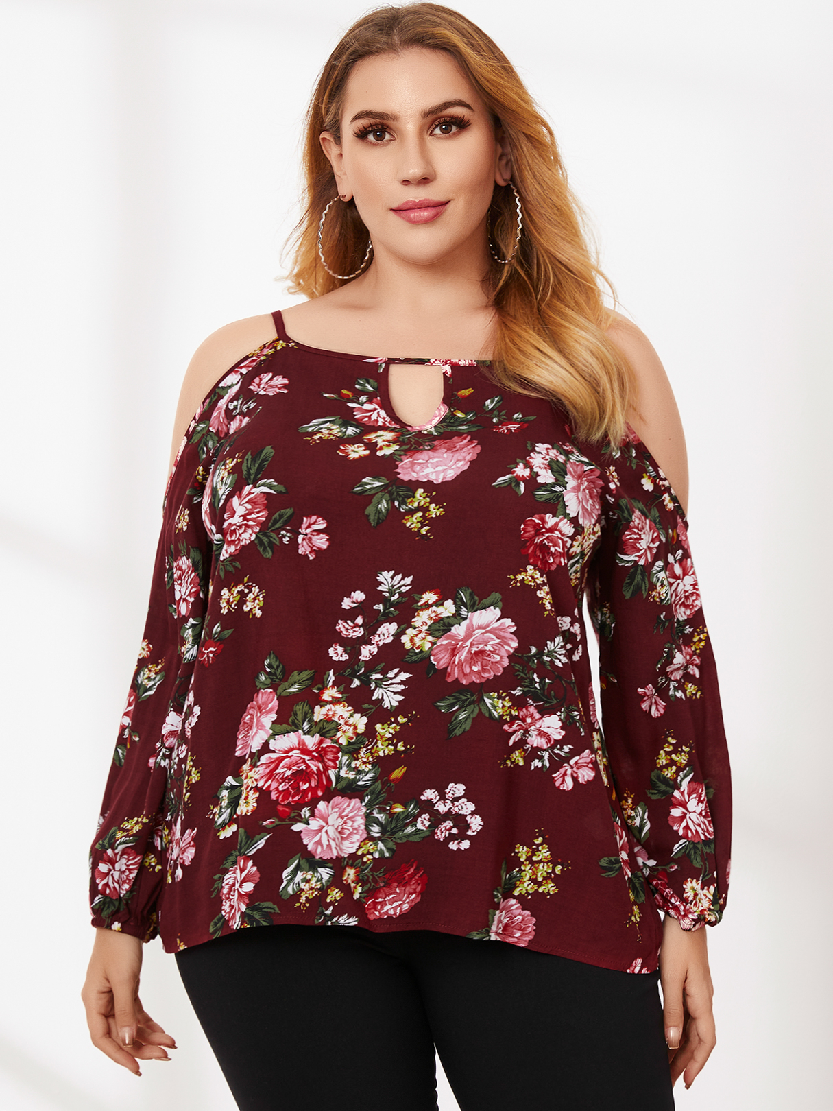 Plus Size Cold Shoulder Blumendruck Bluse mit Ausschnitten und langen Ärmel günstig online kaufen