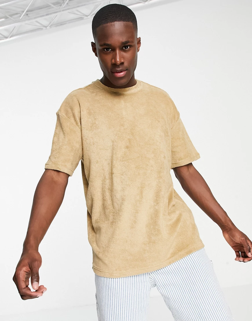 New Look – Oversize-T-Shirt aus Frottee in Stein-Neutral günstig online kaufen