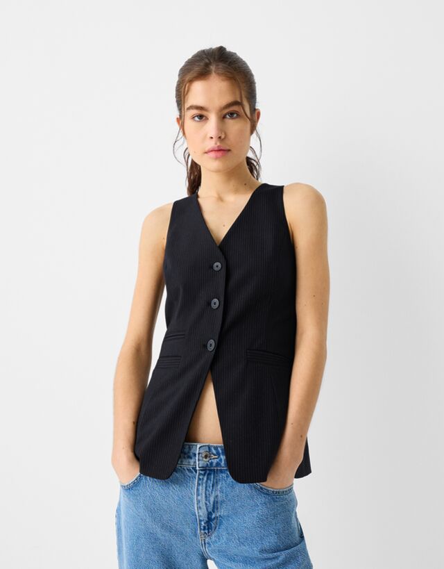 Bershka Lange Weste Mit Knöpfen Damen Xl Schwarz günstig online kaufen