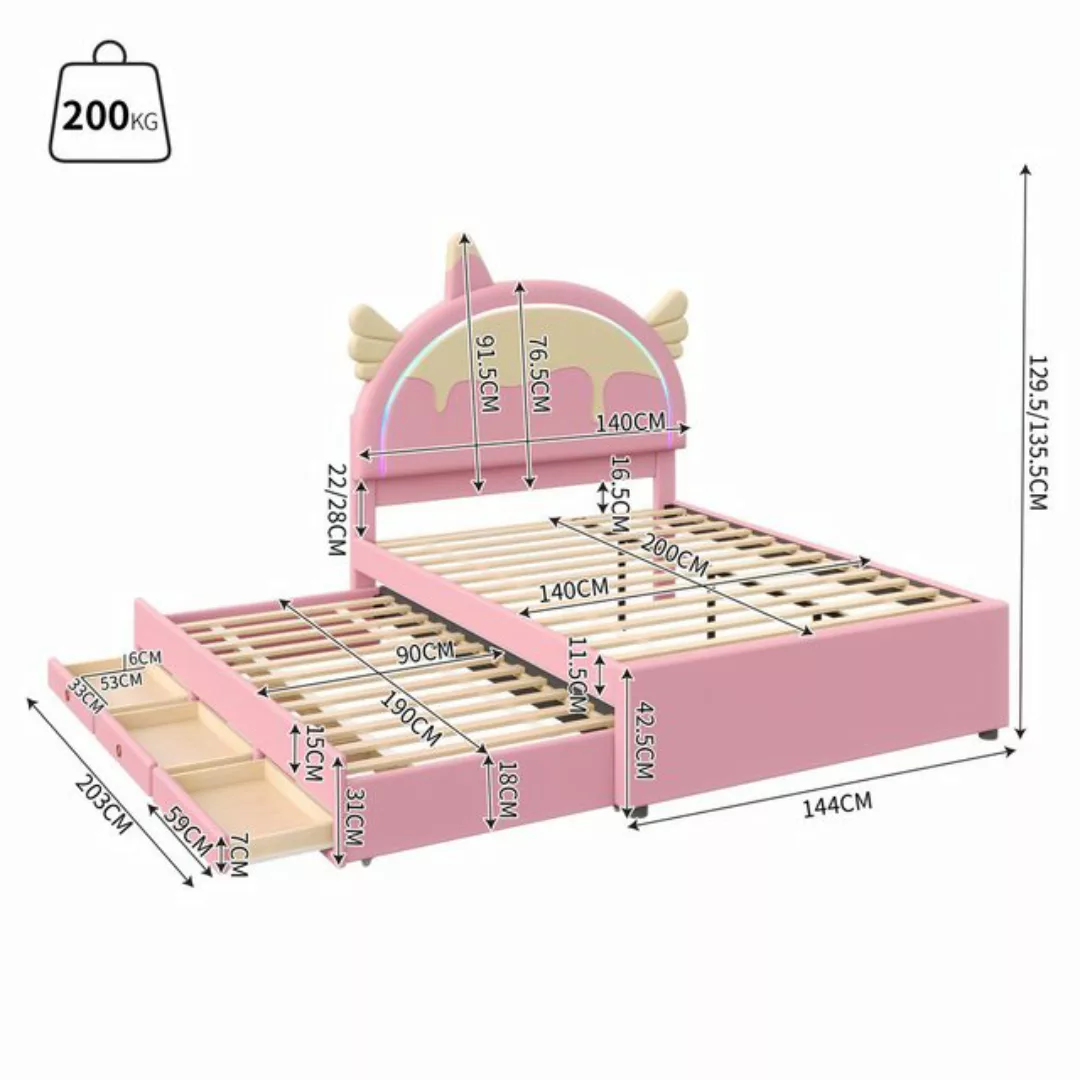 Flieks Polsterbett, Einhornform Kinderbett 140x200cm + Ausziehbett 90x190cm günstig online kaufen