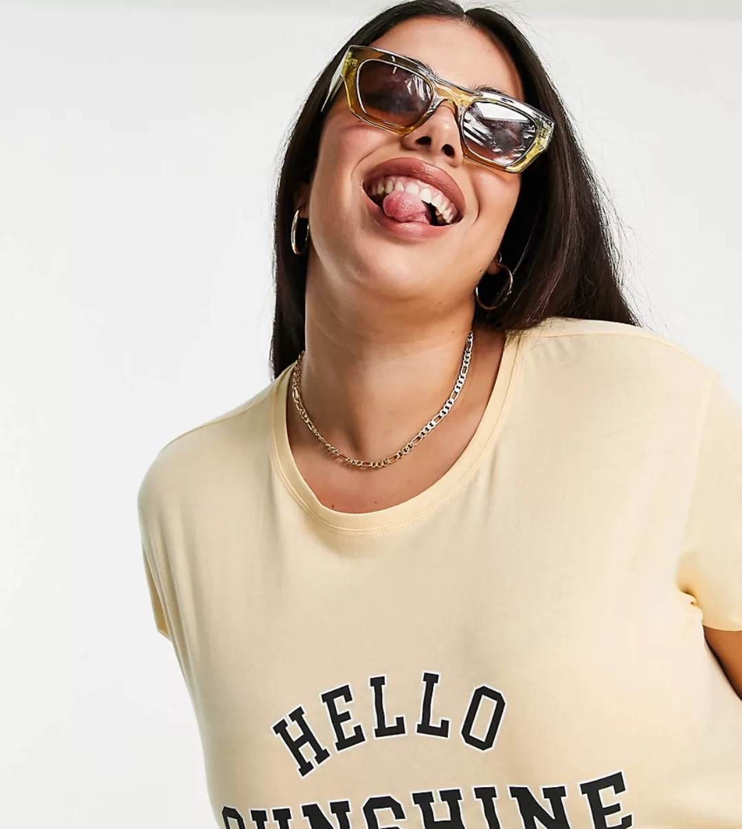 New Look Curve – T-Shirt in Gelb mit „Hello Sunshine“-Schriftzug günstig online kaufen