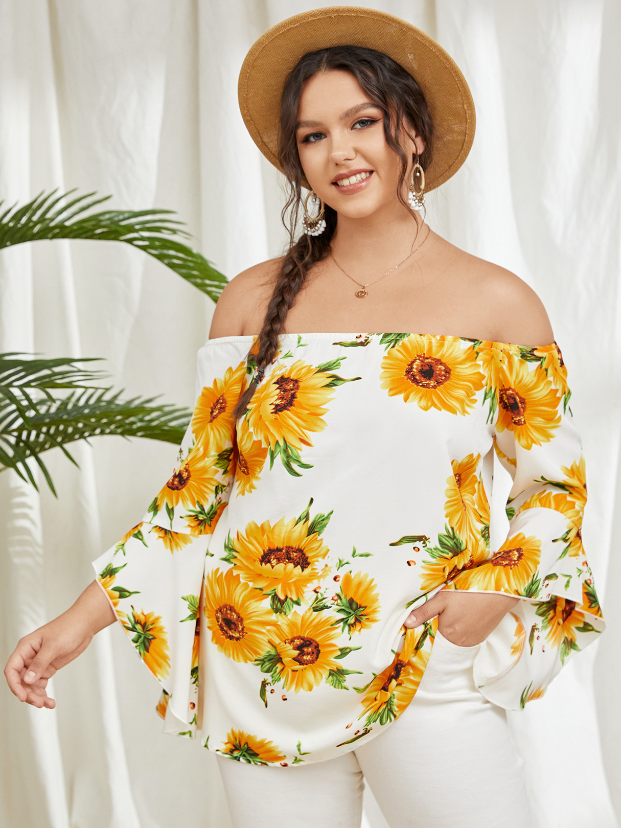 YOINS Plus Größe Schulterfrei Bluse mit Blumendruck und langen Ärmeln günstig online kaufen