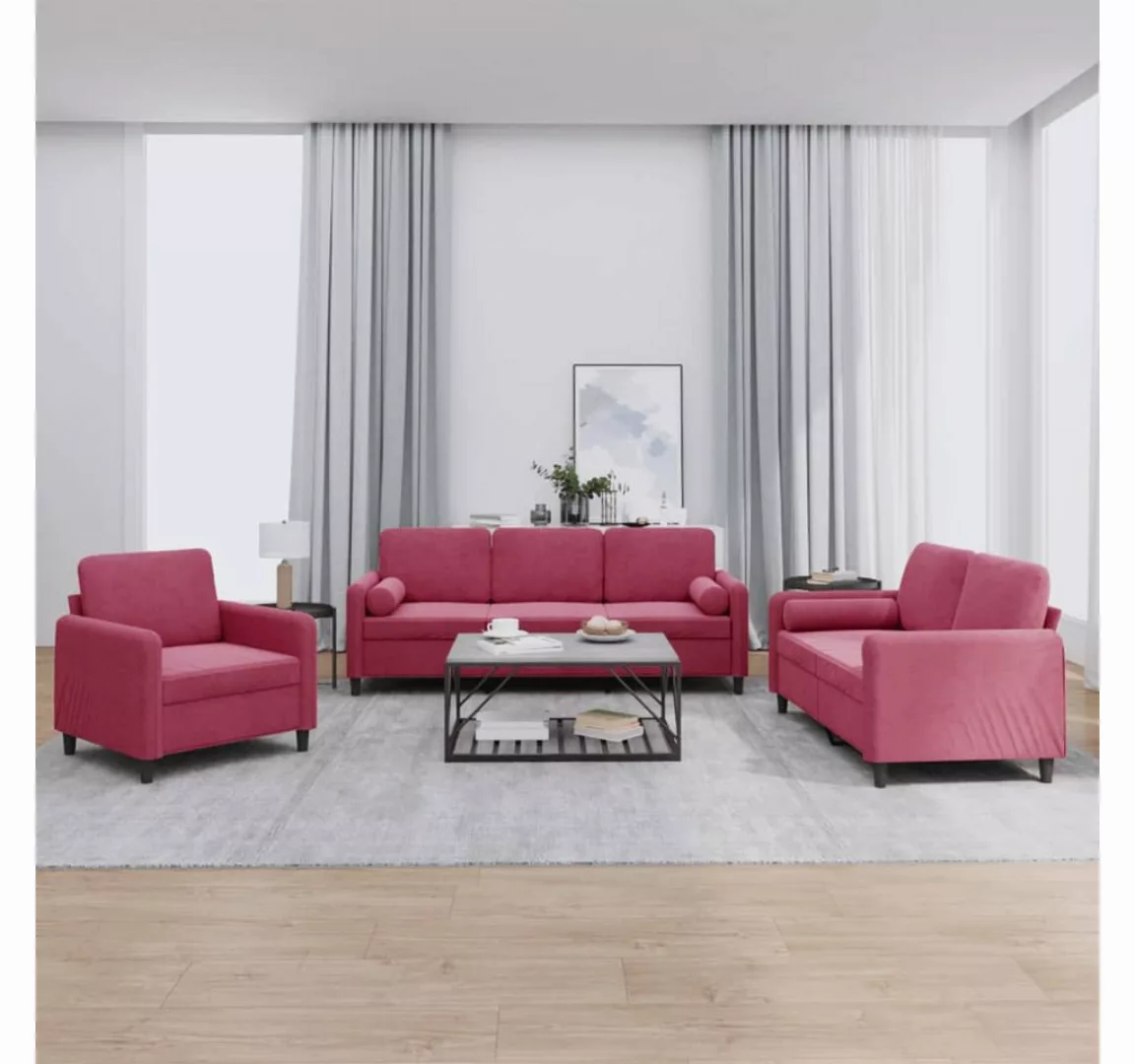 vidaXL Sofa Sofagarnitur Set mit Kissen Samt, 3-tlg., Rot günstig online kaufen