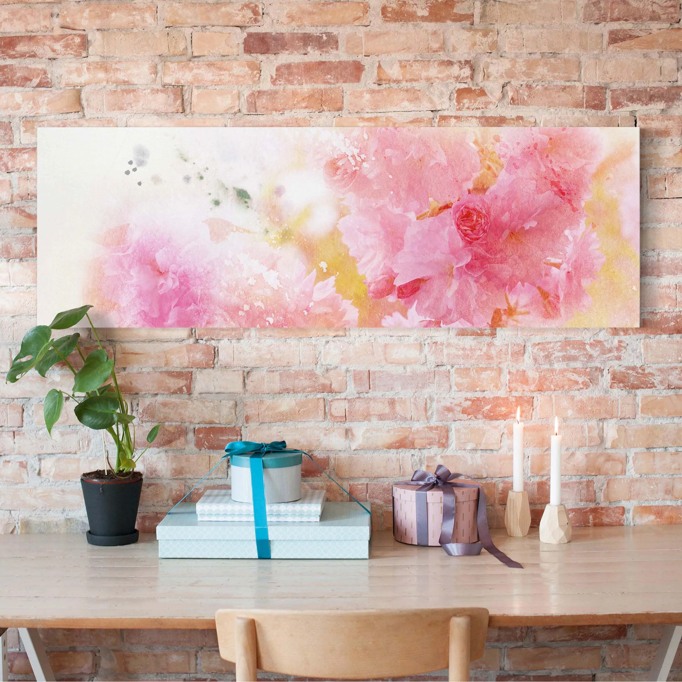 Leinwandbild - Panorama Aquarell Blumen Pfingstrosen günstig online kaufen