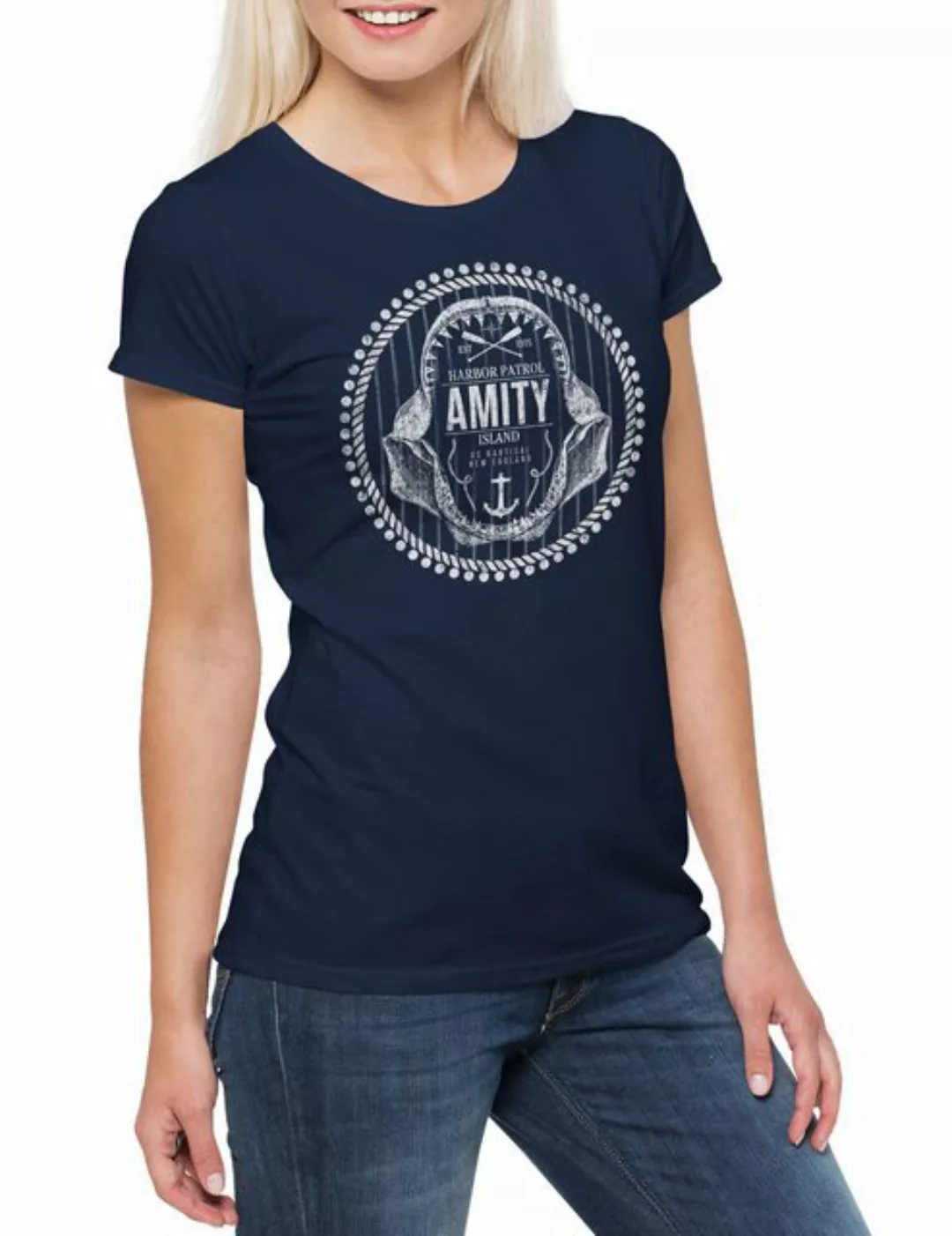 Urban Backwoods Print-Shirt Amity Harbor Patrol Damen T-Shirt Island Shark günstig online kaufen