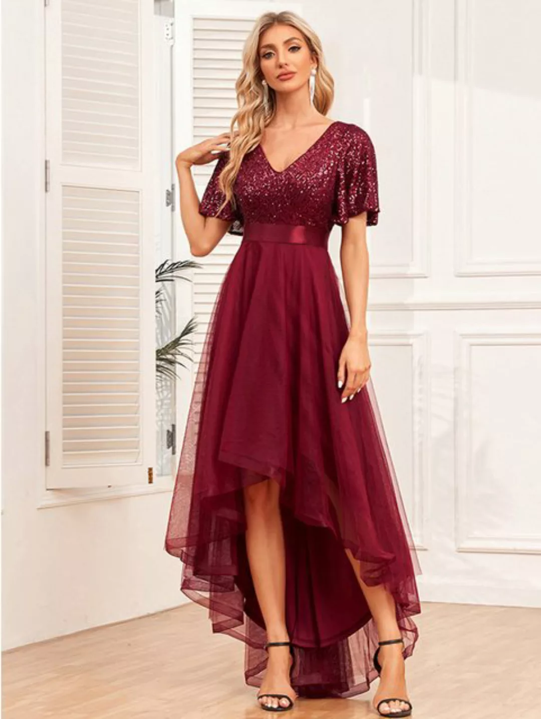 ZWY Abendkleid Elegantes, gerüschtes Abendkleid mit V-Ausschnitt und kurzen günstig online kaufen