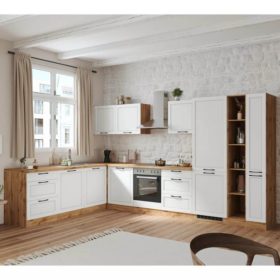 Winkelküche 360/240 cm mit E-Geräten in weiß und Eiche, Arbeitsplatte in Ei günstig online kaufen