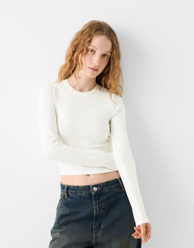 Bershka Langarmshirt Mit Rundausschnitt Damen L Grbrochenes Weiss günstig online kaufen