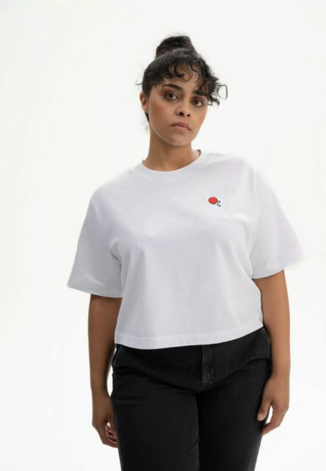 MELA Kurzarmshirt Cropped T-Shirt schwer JOSHNA Stickerei Rippbündchen günstig online kaufen