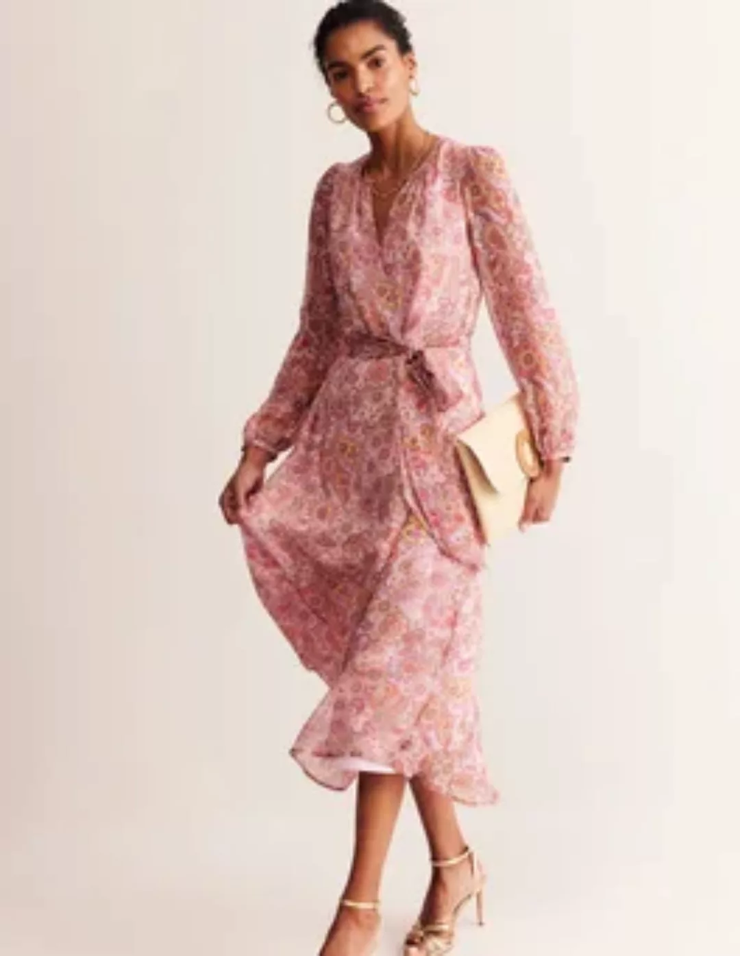 Midi-Kleid aus Seide mit Blousonärmeln Damen Boden, Milchshake, Paisleymust günstig online kaufen