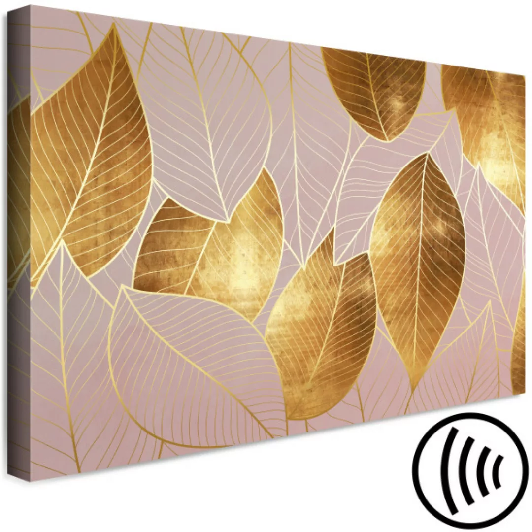 Leinwandbild Violett-goldenes Blattmuster - botanisches Motiv im Glamour-St günstig online kaufen