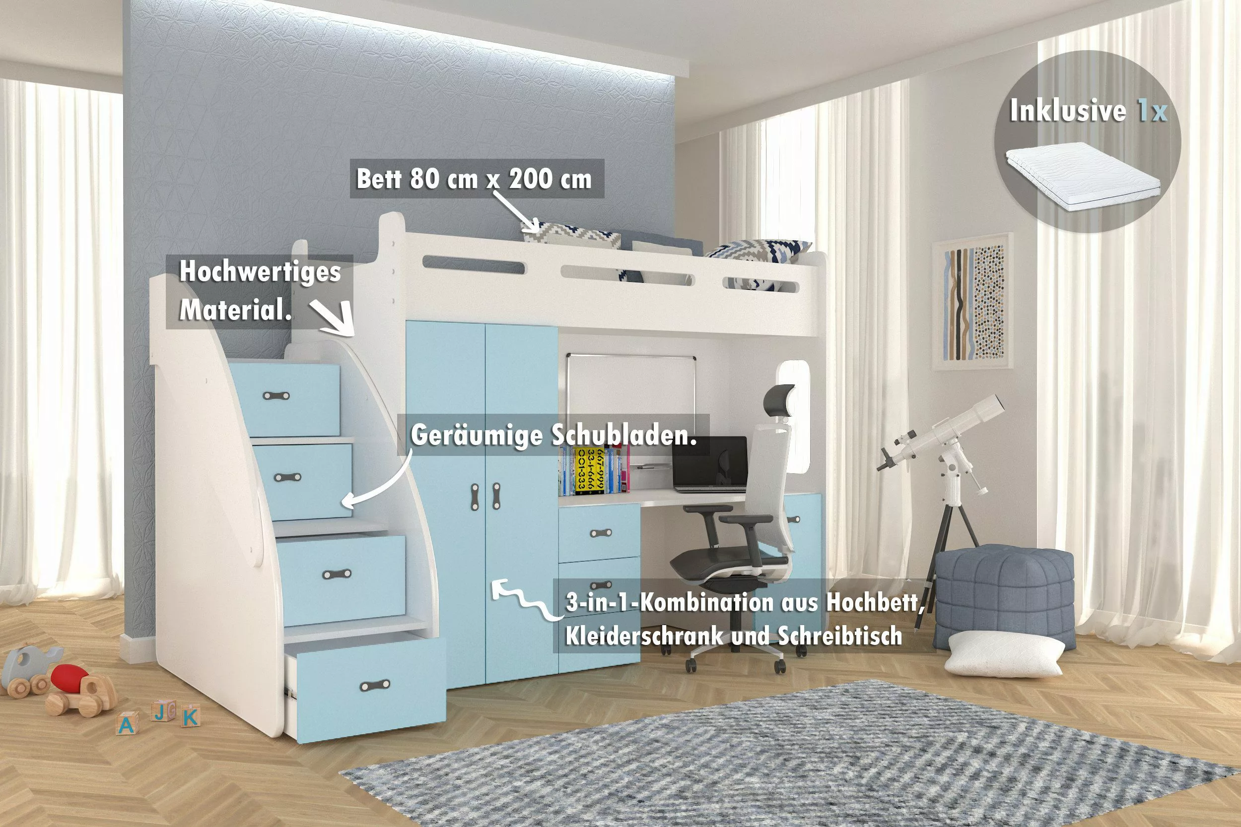 AJKmeble Hochbett Etagenbett 80x200cm mit Treppe, günstig online kaufen
