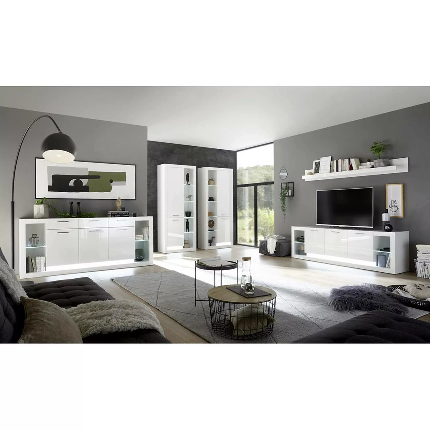 Modernes Design Wohnwand Set mit Sideboard MAILAND-61 in Hochglanz weiß, B/ günstig online kaufen