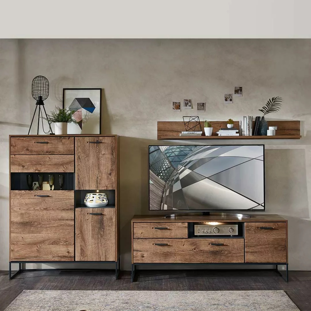 TV Wohnwand im Loft Design Eiche dunkel Optik und Dunkelgrau (dreiteilig) günstig online kaufen