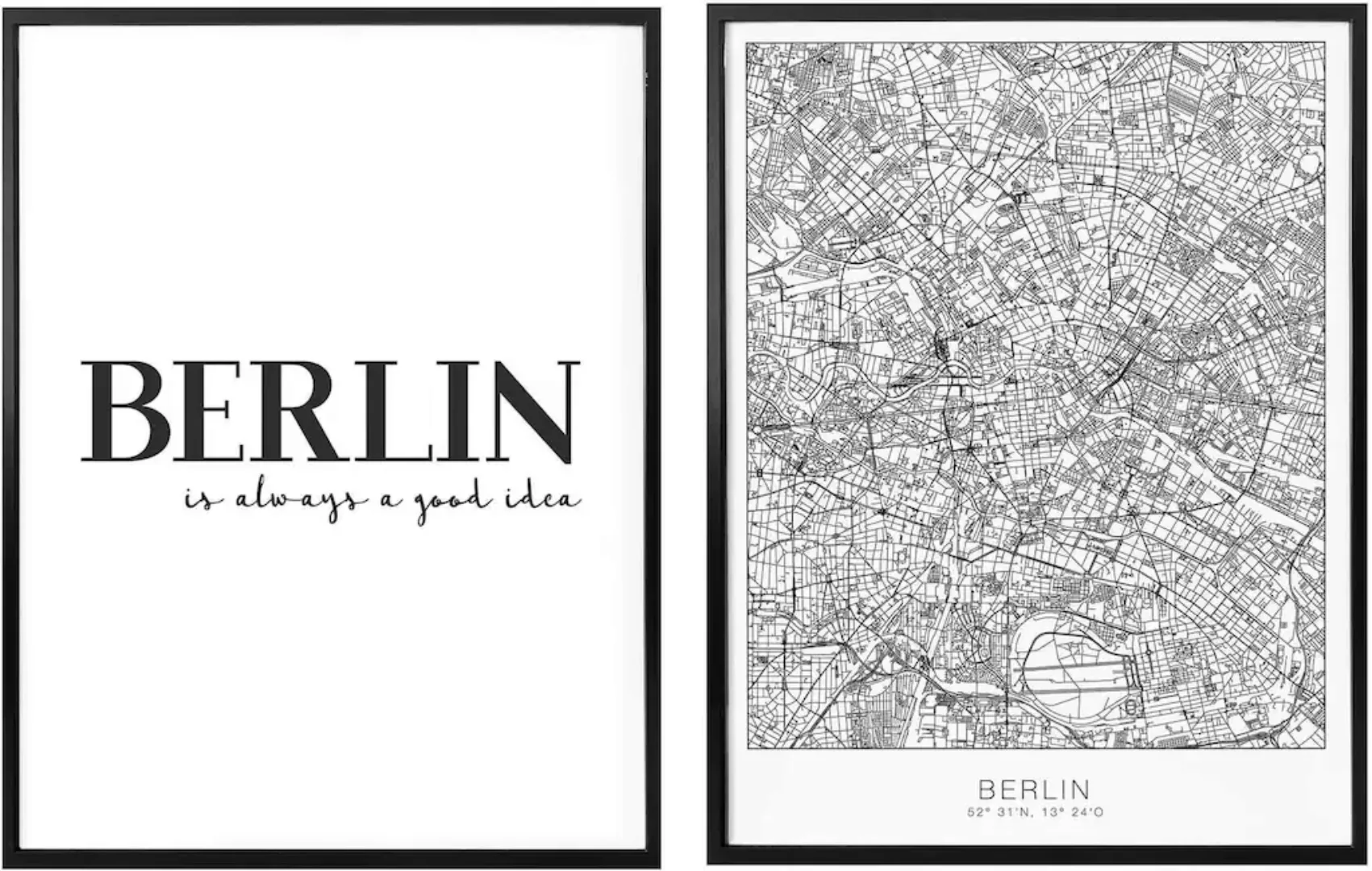 Wall-Art Poster "Berlin Stadtkarte Schriftzug Set", Blumen, (Set, 2 St.), C günstig online kaufen