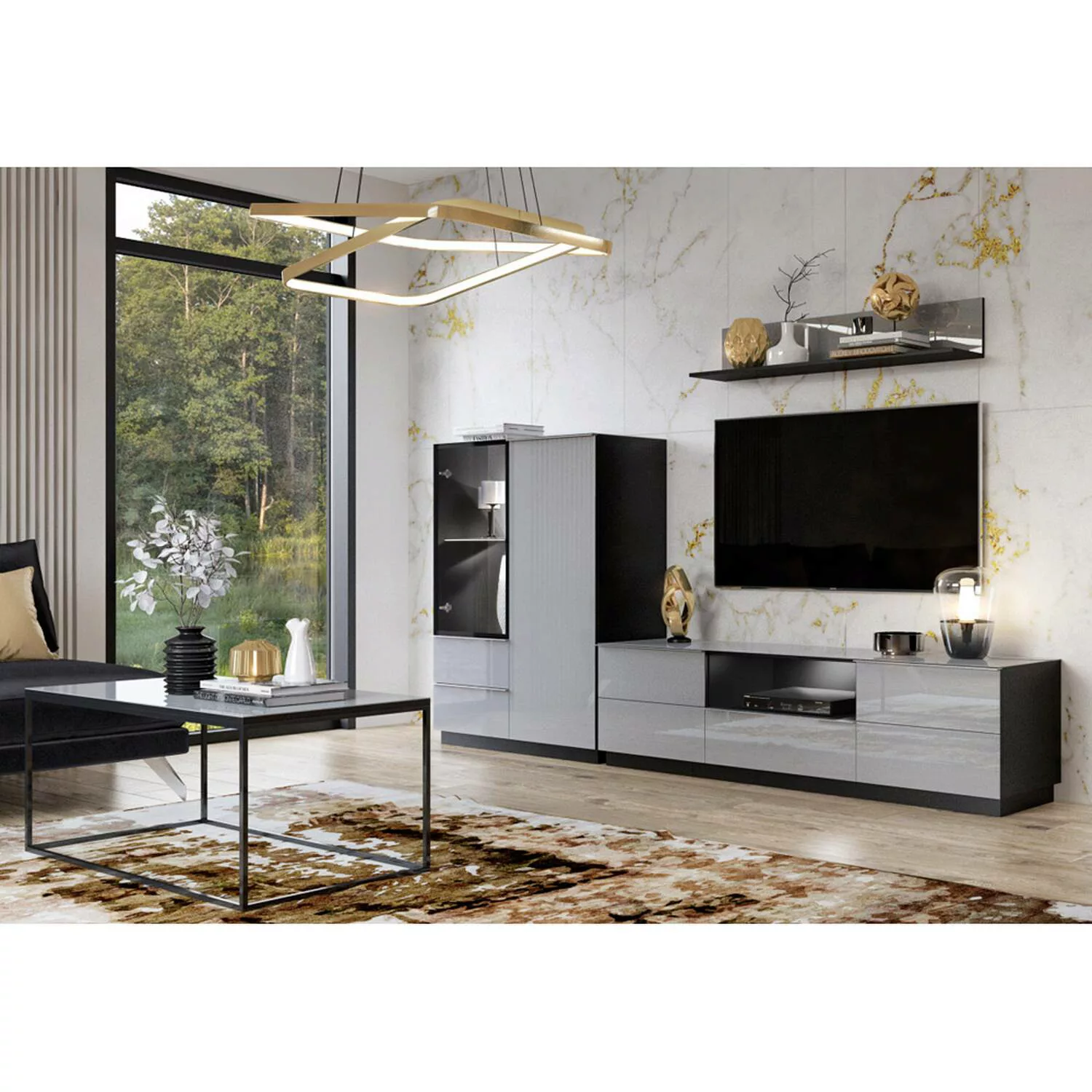 Anbauwand Wohnzimmer grau HOOVER-83 modern mit Glasfronten und LED Beleucht günstig online kaufen
