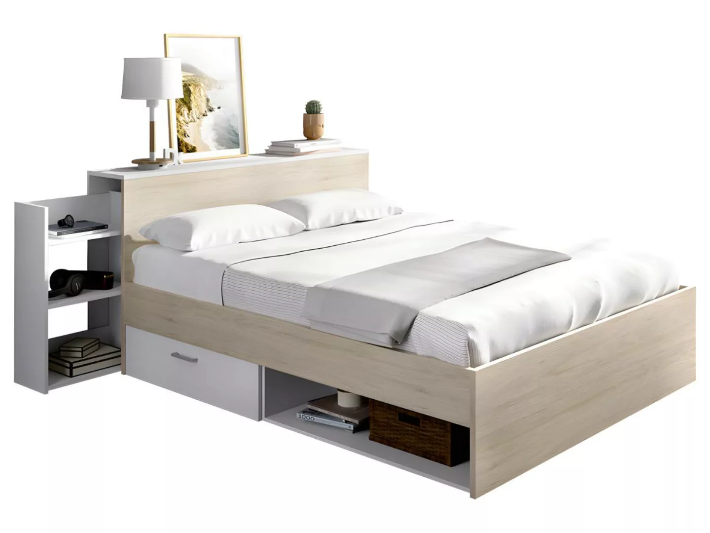 Bett mit Kopfteil & Stauraum & Schubladen - 140 x 190 cm - Naturfarben & We günstig online kaufen