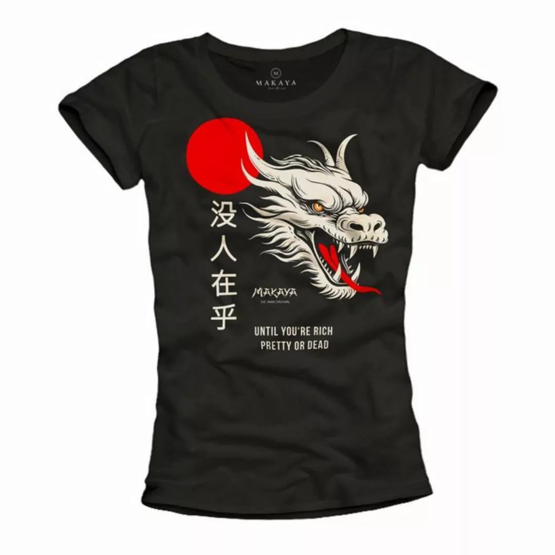 MAKAYA Print-Shirt Damen mit Drachen Aufdruck Spruch Nobody Cares Schwarz K günstig online kaufen