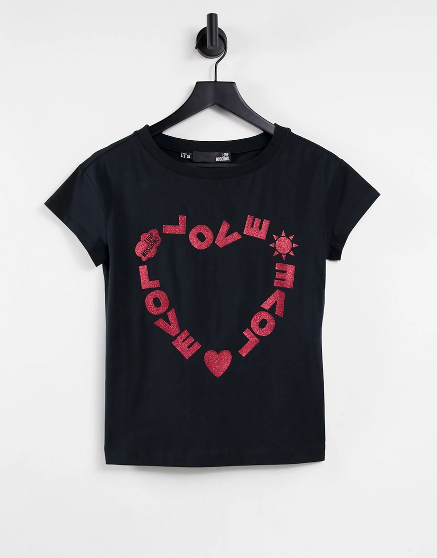 Love Moschino – Schwarzes T-Shirt mit Herz-Logo günstig online kaufen