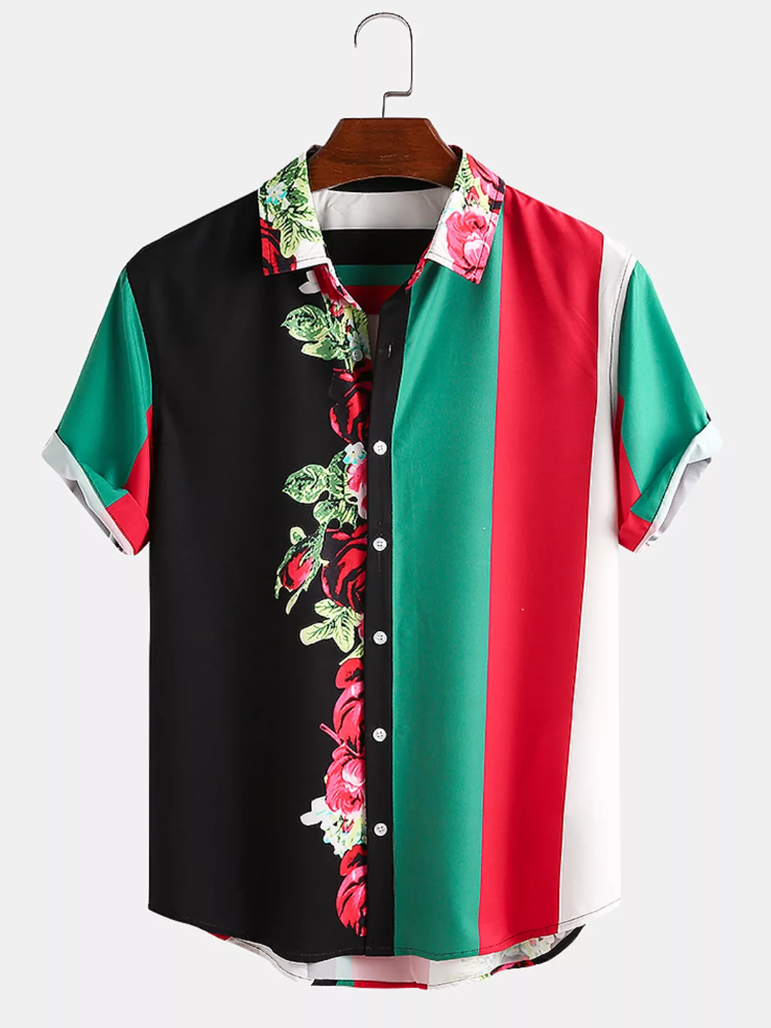 Herren Blumen & Farbe gestreift Patchwork Casual Curved Hem Shirt günstig online kaufen