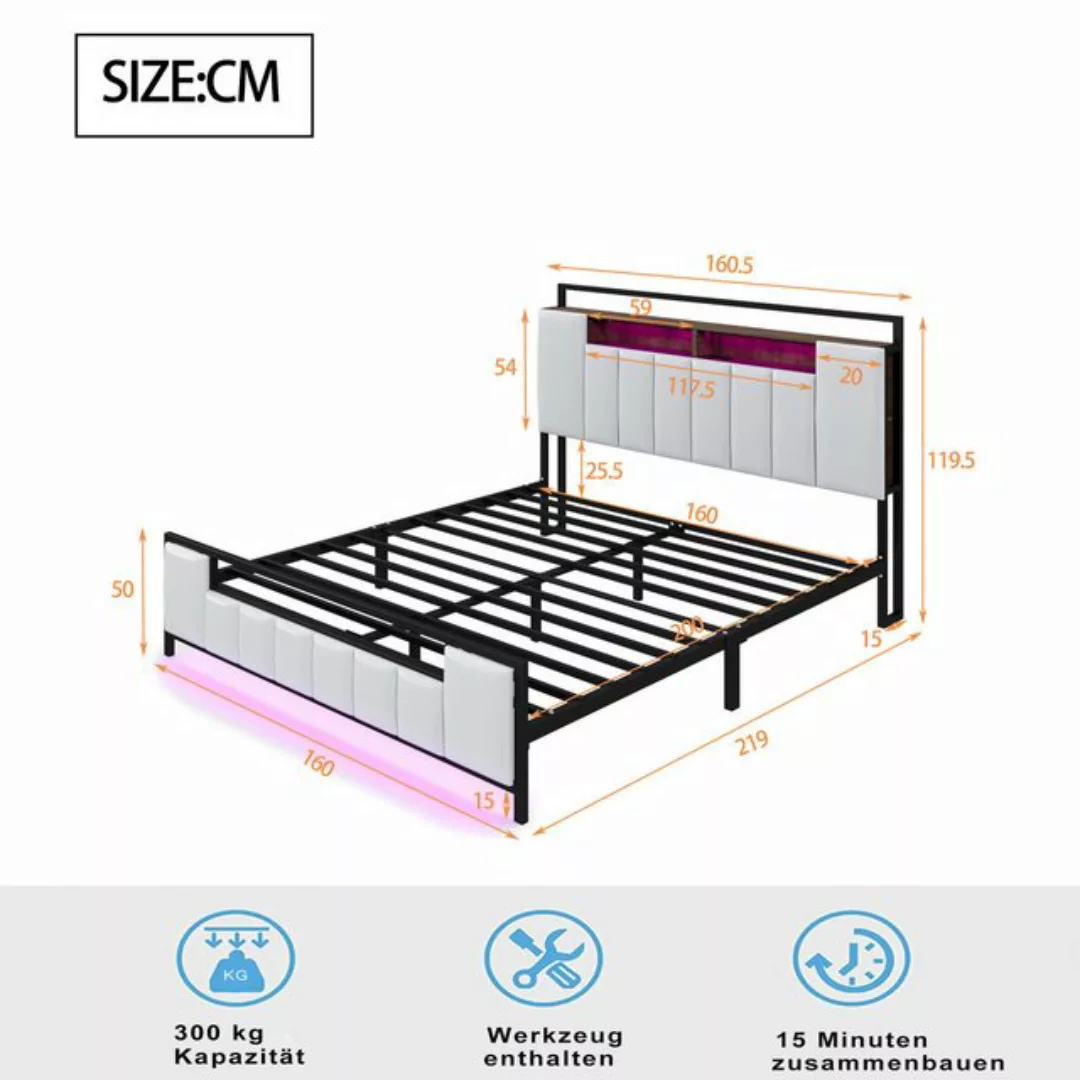 Flieks Metallbett, LED Polsterbett 160x200cm mit USB-Aufladen und Stauraumk günstig online kaufen