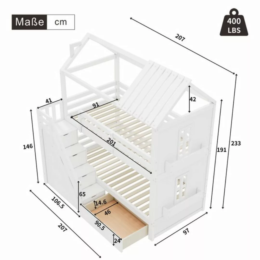 Flieks Etagenbett, Kinderbett Hausbett mit Schublade & Stauraumtreppe & Reg günstig online kaufen