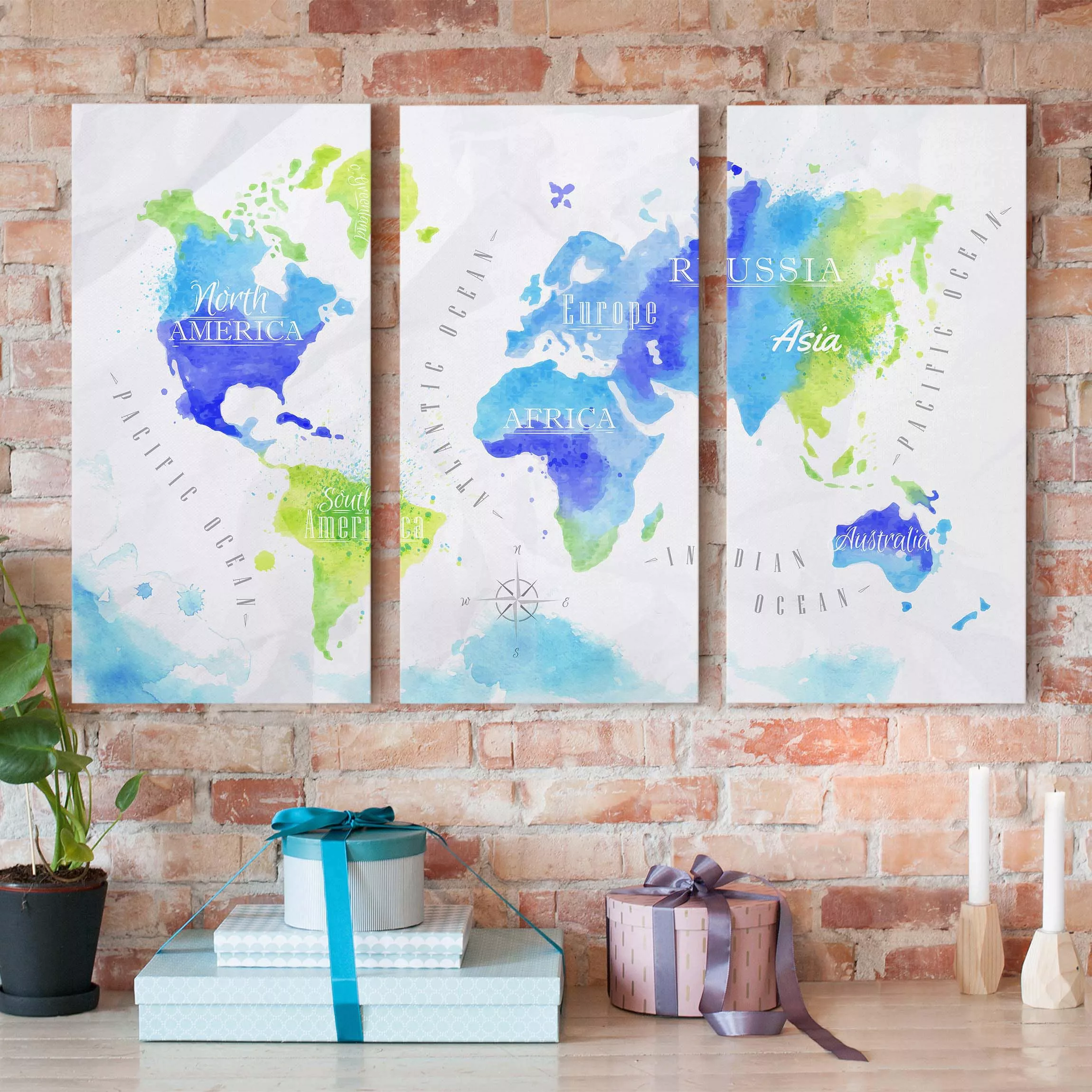 3-teiliges Leinwandbild Aquarell - Querformat Weltkarte Aquarell blau grün günstig online kaufen