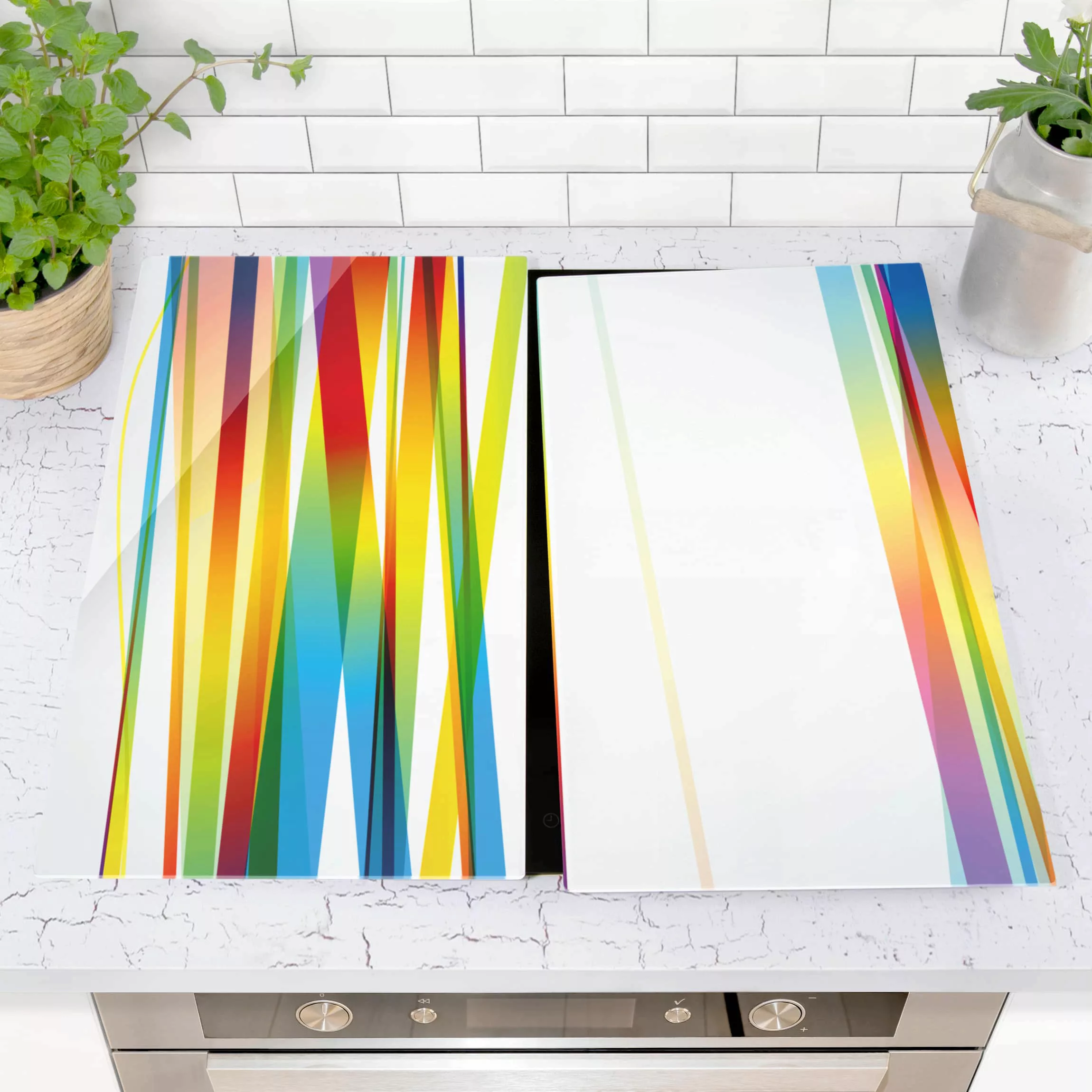 2-teilige Herdabdeckplatte Glas Muster & Textur Rainbow Stripes günstig online kaufen
