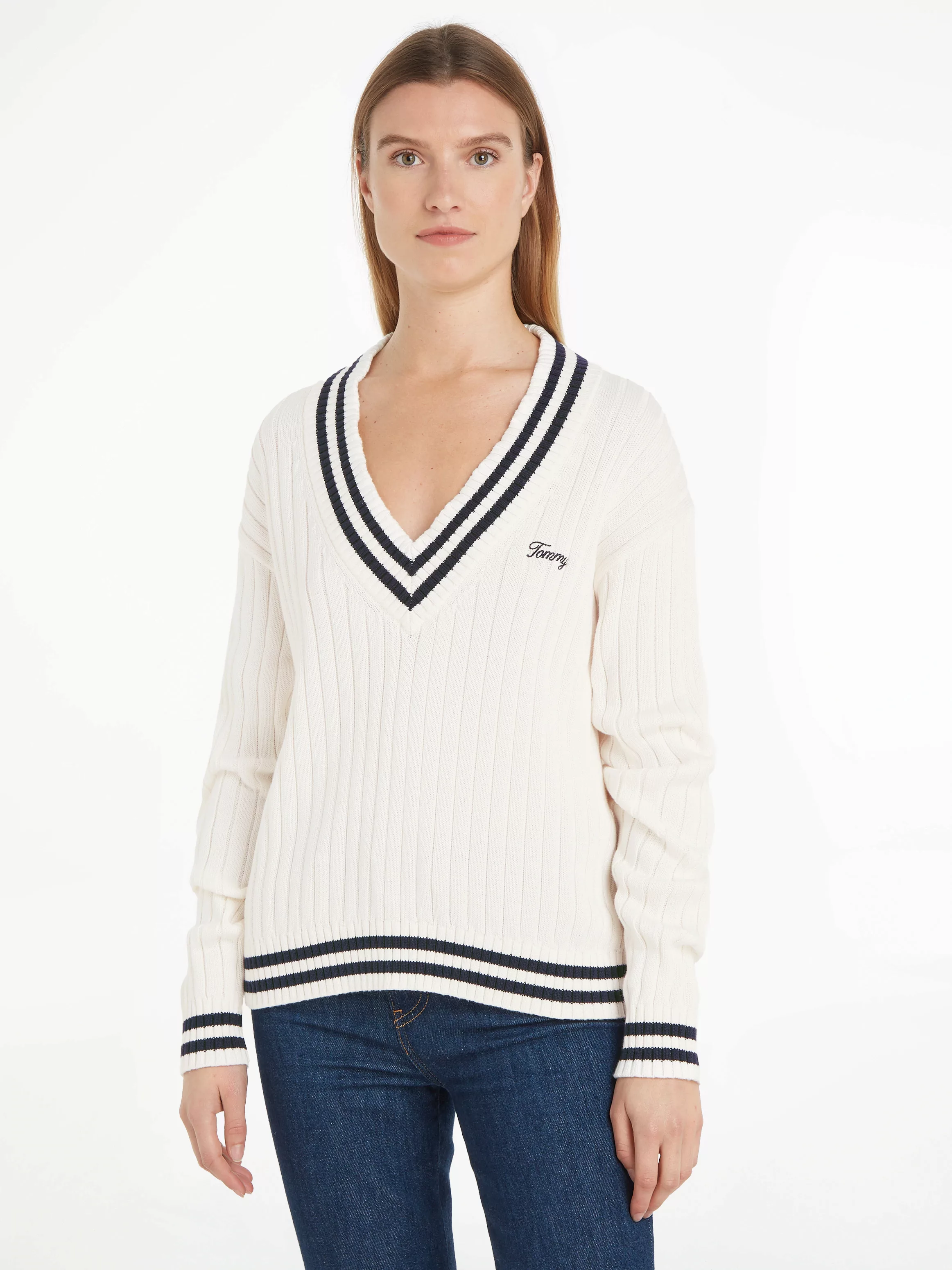 Tommy Jeans Strickpullover "TJW SCRIPT V NECK RIB SWEATER" günstig online kaufen