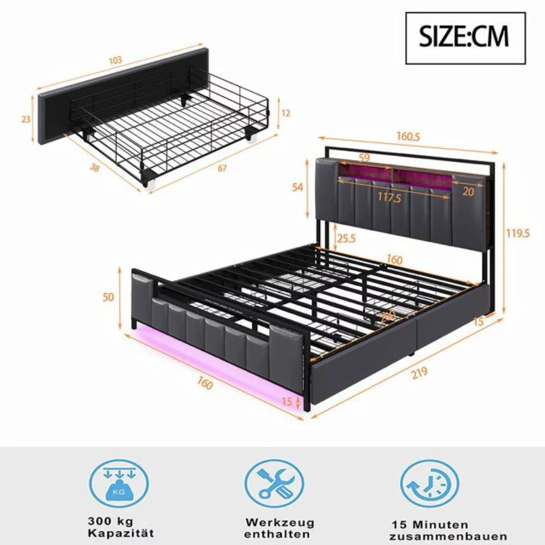 Sweiko Polsterbett mit LED-Licht und USB-Steckdose, (lagerfähig, Bettgestel günstig online kaufen