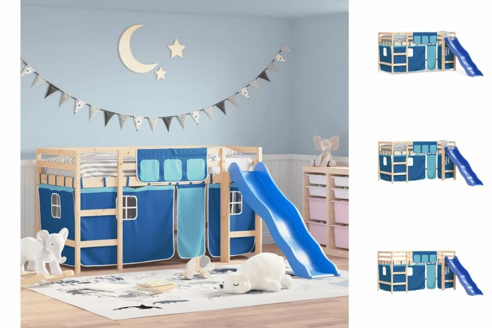 vidaXL Kinderbett Kinderhochbett mit Vorhängen Blau 90x190 cm Massivholz Ki günstig online kaufen