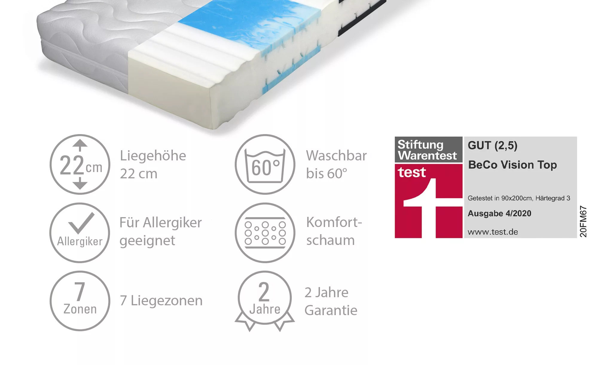 7-Zonen-Komfortschaum-Matratze - weiß - 100 cm - 22 cm - Matratzen & Latten günstig online kaufen