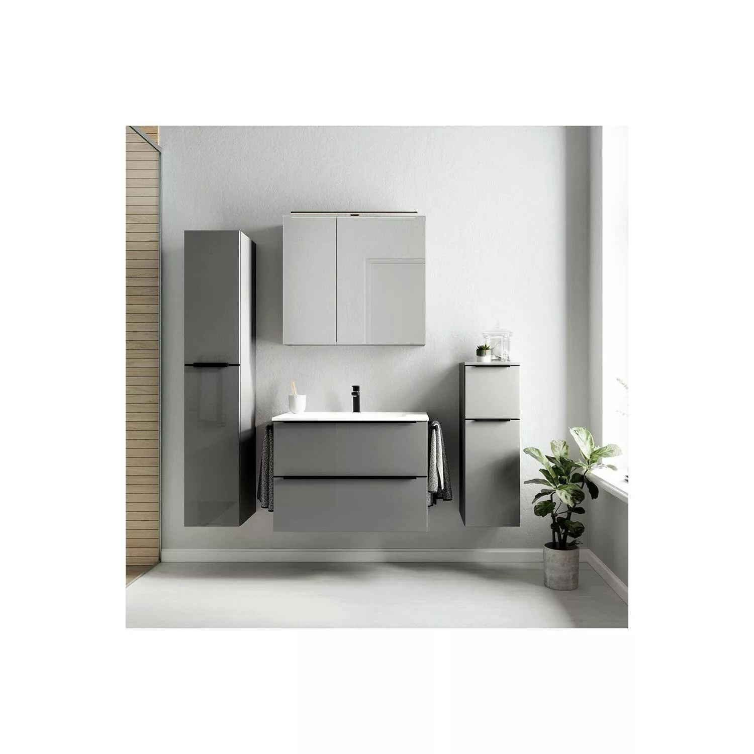 Badmöbel Komplett Set mit Spiegelschrank, 2 Handtuchhalter, Griffleisten ed günstig online kaufen