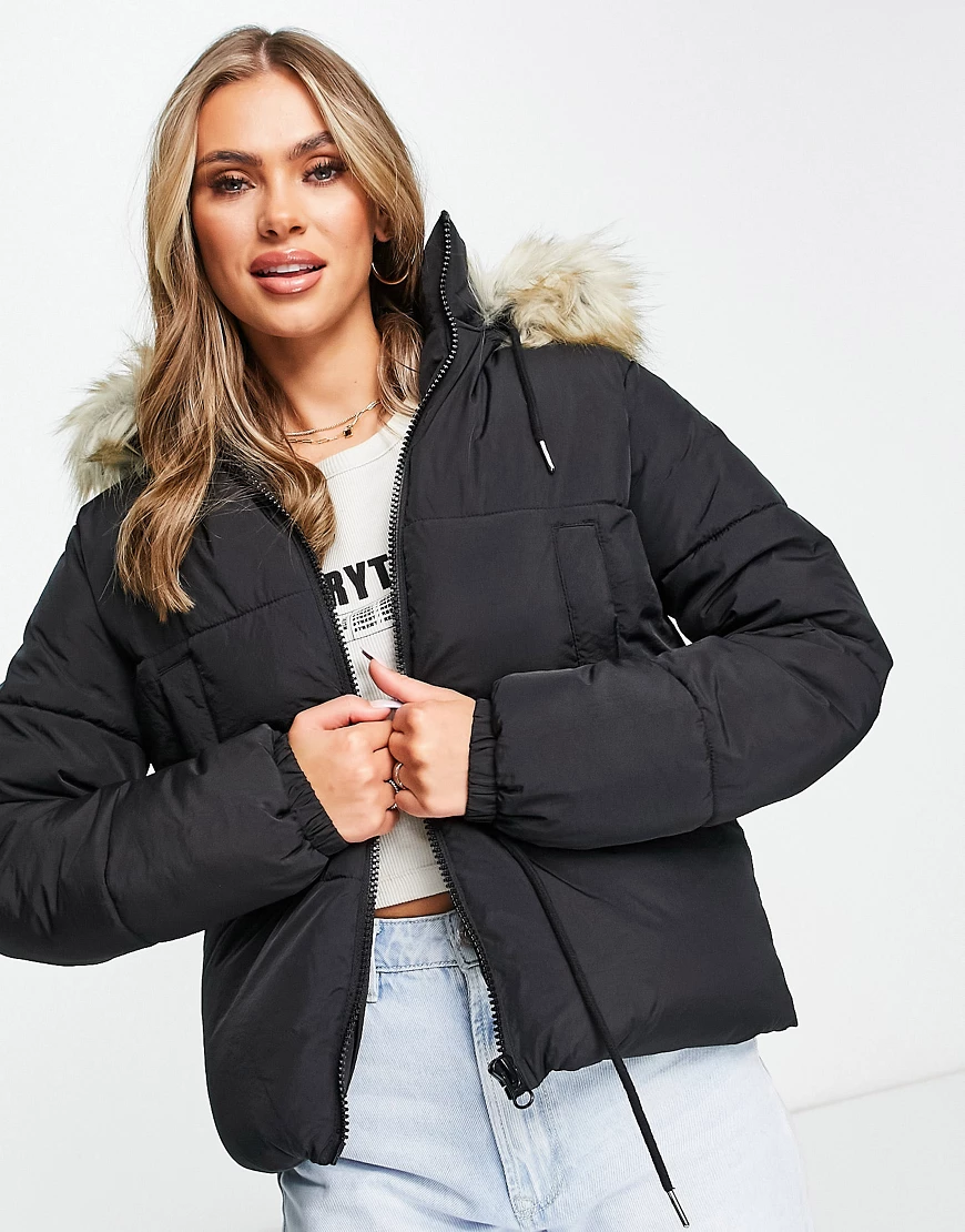 Topshop – Wattierte Jacke in Schwarz mit Schnürung an der Taille und Kapuze günstig online kaufen