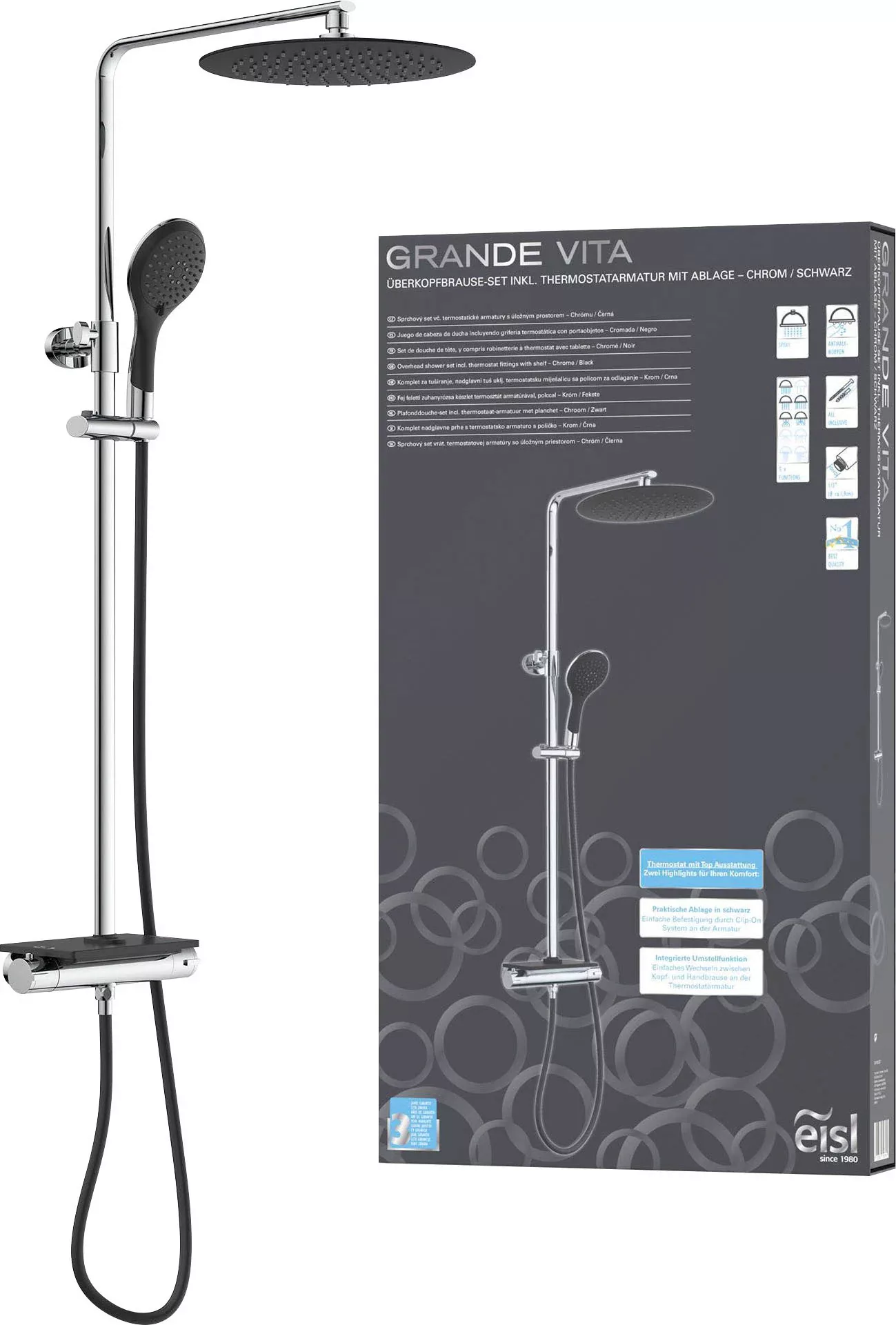 Eisl Überkopfbrause-Set Grande Vita mit Thermostatablage Chrom-Schwarz günstig online kaufen