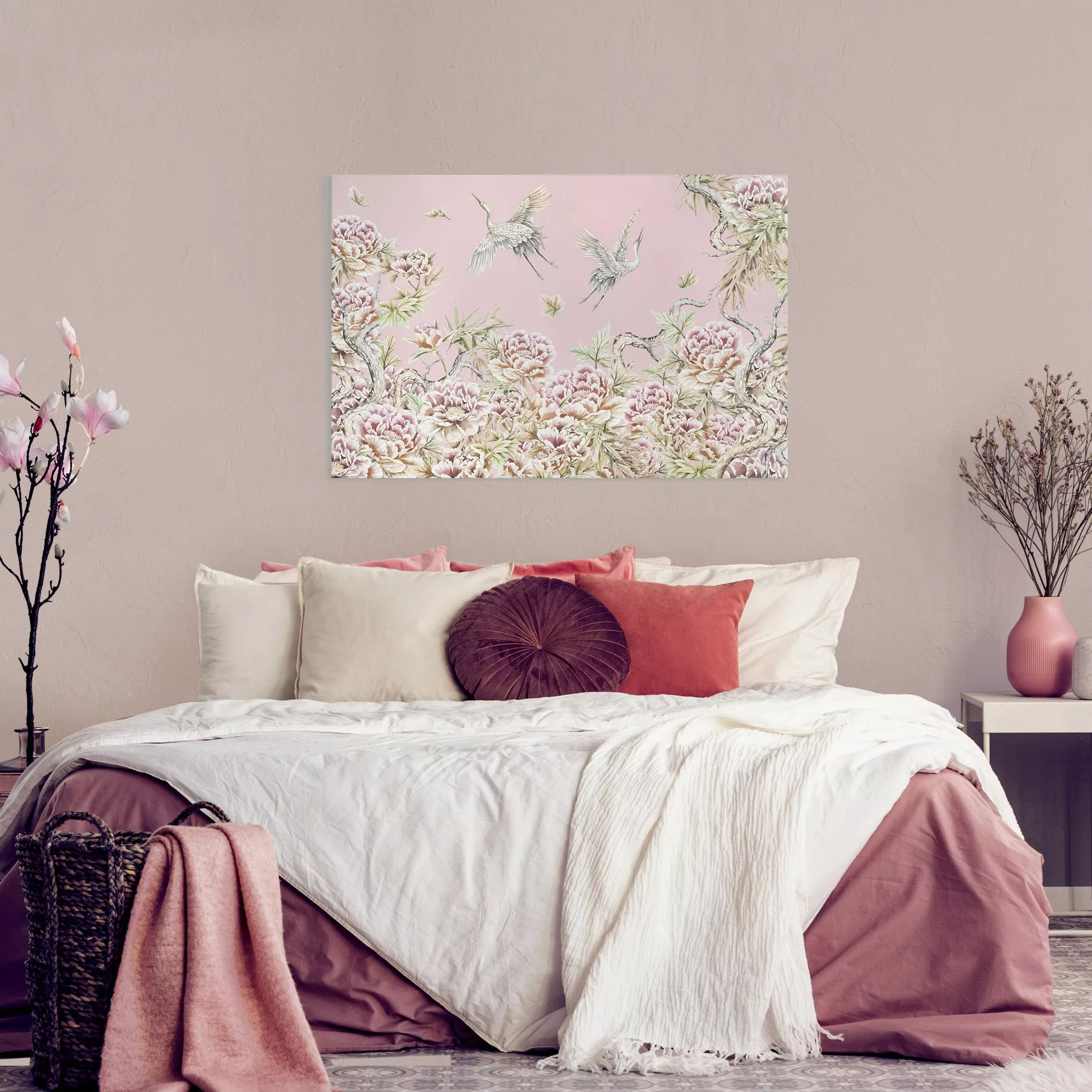 Leinwandbild Aquarell Störche im Flug mit Rosen auf Rosa günstig online kaufen